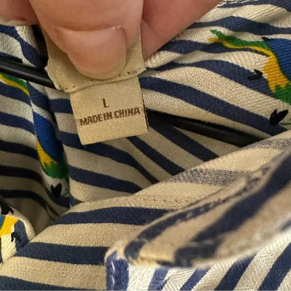 Boca Classics Silk Shirt Beige Blue Striped Parrot Vacation‎ Novelty Tropical L